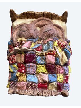 Sleeping Bunny Couple Hinged Trinket Box With Patchwork Quilt 1980's